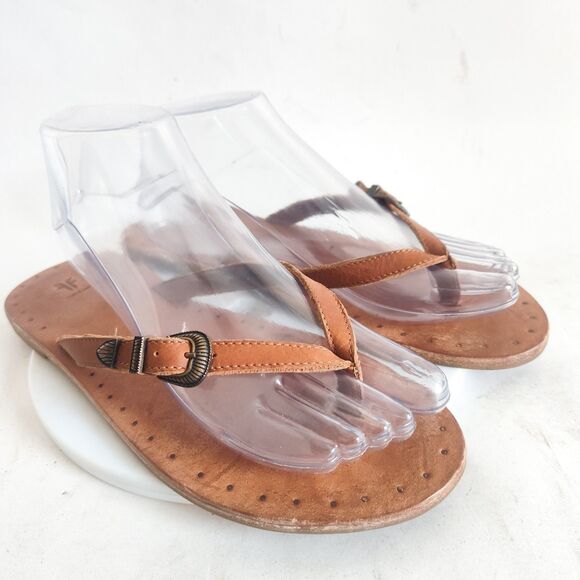 Frye Womens Sandals Ally Thong Flip Flops Brown Silver Western Buckles Size 9 - Picture 1 of 11